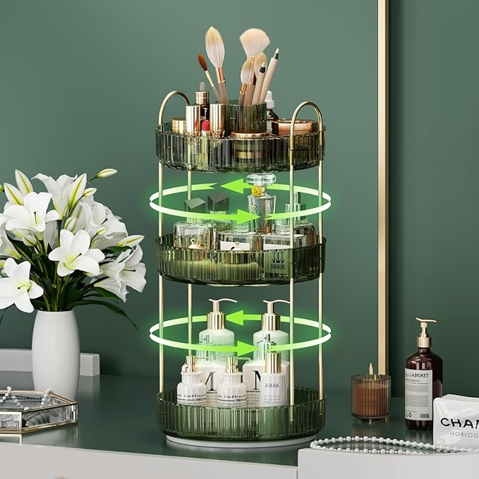 YCIA&DONE Rotating Makeup Organizer for Vanity, Large Capacity Make Up Storage Skin Care Shelf Perfume Holders Cosmetic Dresser Organizer Countertop Spinning 360 (Vintage Green, 3Tiers)