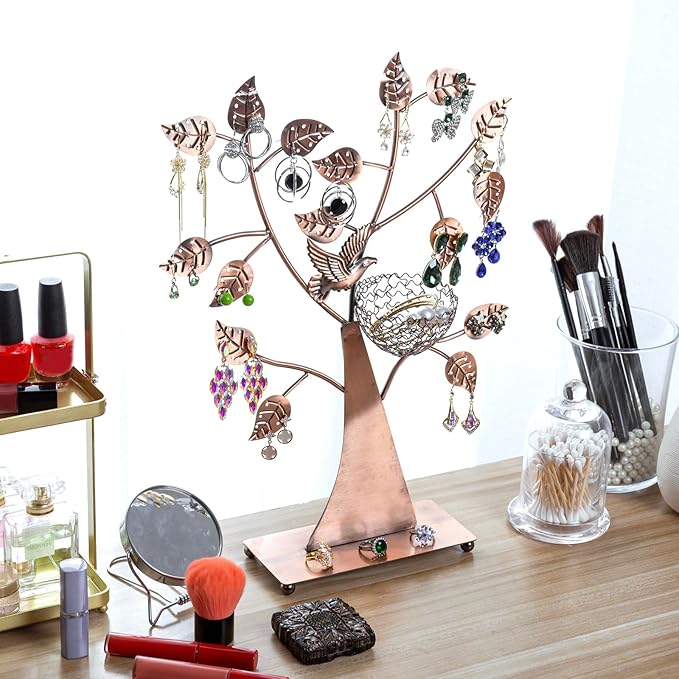 MyGift 14-Inch Modern Bronze Jewelry Organizer Tree with Bird Nest – Holds 48 Earrings, Necklace & Bracelet Stand, Metal Tabletop Display for Rings, Trinkets – Decorative Storage for Home Décor