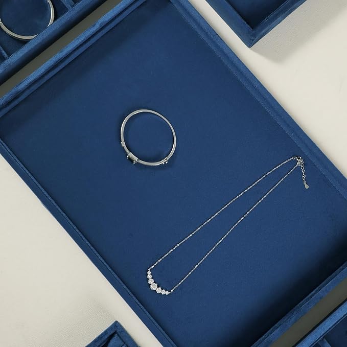 Velvet Stackable Jewelry Display Flat Tray For Ring Earring Necklace Bracelet, Bangle Pendant Storage Blank Plate, Shop Countertop Jewelry Dish Organizer (Blue)