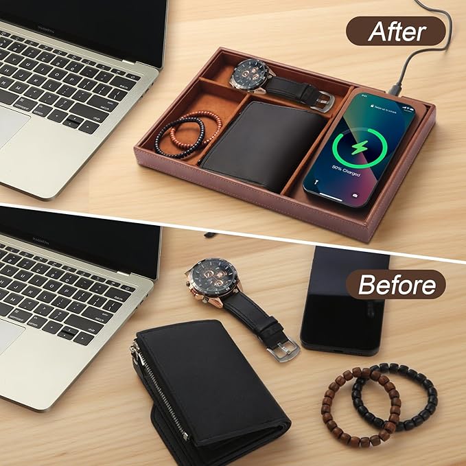 TopMade Valet Tray with Wireless Charging Pad Nightstand Organizer, Leather Desktop Storage Dresser Organizer Charging Station, Jewelry Box Catchall Bedside Vanity Tray for Men Women(Brown)