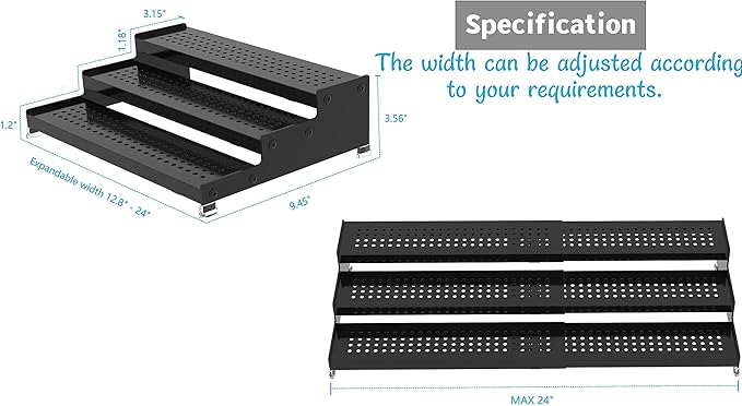 Metal Spice Rack Organizer for Cabinet, 3 Tier Expandable Spice Storage shelf, Great for Kitchen Cabinets, Cupboard,Pantry and Countertop More,Metal plate with hole(1PACK/BLACK)