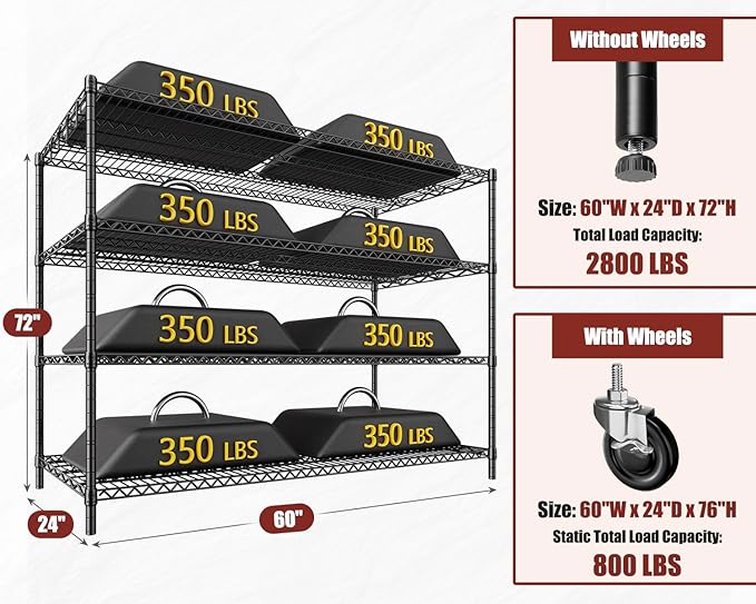 PrimeZone 60" W x 24" D x 76" H Heavy Duty Wire Storage Shelves with Wheels, 4 Tier Adjustable NSF Certified Garage Shelving Unit, Rolling Metal Organizer Shelf Utility Rack for Warehouse, Pantry
