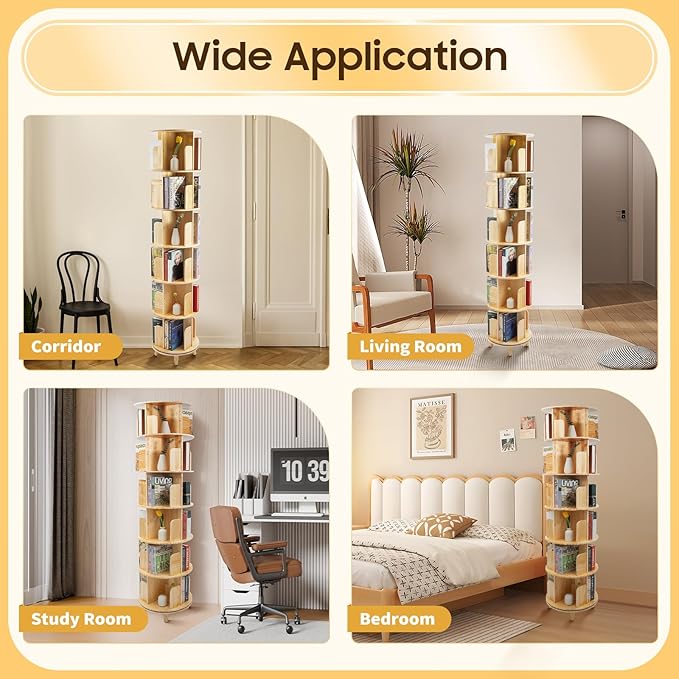 Rotating Bookshelf, 6-Tier Pine Wood Bookcase, Freestanding Bookcase Books Storage Displaying Rack, 360° Revolving Book Shelf Organizer, Each Tier Loading 110lbs, Used for Bedroom, Living Room, Study