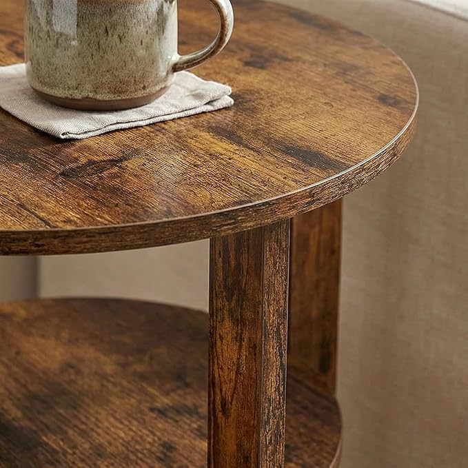 Rustic Brown Round Side Table, 3-Tier End Table with Storage Shelves, Farmhouse Nightstand for Bedroom, Small Accent Table for Living Room Sofa, 19.7" D x 21.7" H