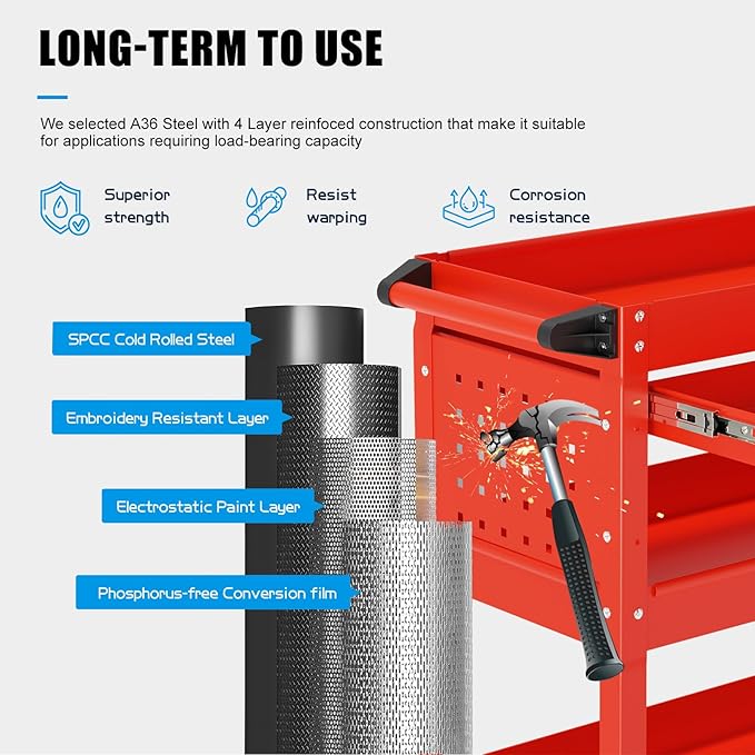 3 Tier Heavy Duty Tool Cart, Mechanic Metal Rolling Tool Cart 900 Lbs Work Carts with Locked Drawers & Pegboard for Garage Workshop