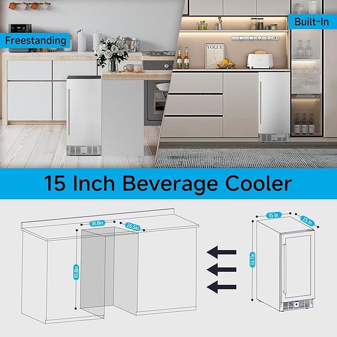 15 Inch Under Counter Beverage Refrigerator - 126 Cans Beverage Fridge with Stainless Steel Door for Beer Wine Soda - Built-in or Freestanding Wine Cooler for Home Kitchen Bar