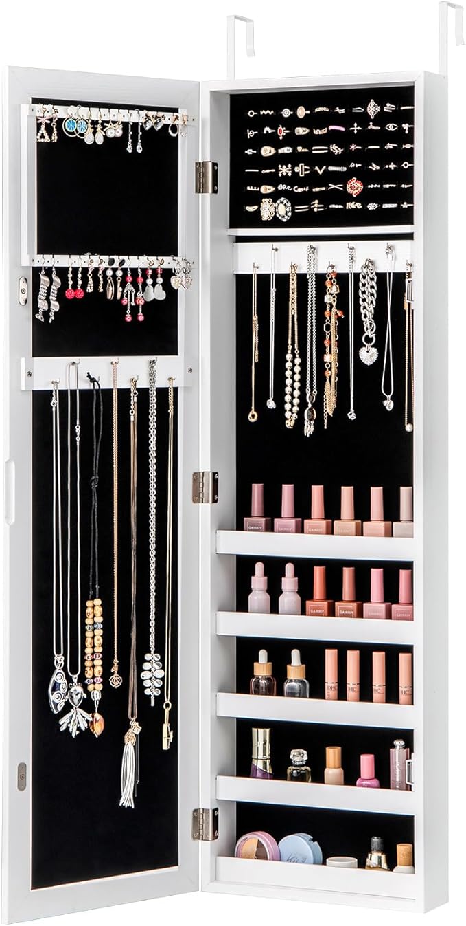 Giantex Jewelry Armoire with Full Length Mirror, Wall and Door Mounted Jewelry Cabinet Organizer with Magnetic Door, Large Storage for Earrings, Rings, Necklaces & Accessories, White