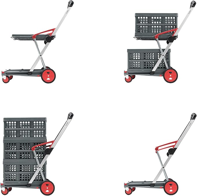 CLAX® The Original | Made in Germany | Multi use Functional Collapsible Carts | Mobile Folding Trolley | Shopping Cart with Storage Crate (Red)
