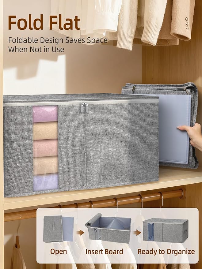 90L King Size Comforter Storage Bags with Rigid Panel,Large Blanket Storage Organizer for Closet,Bedding Sets Stackable Container with Clear Window & Smooth Zippers,Foldable Clothing Storage Bin,2Pack