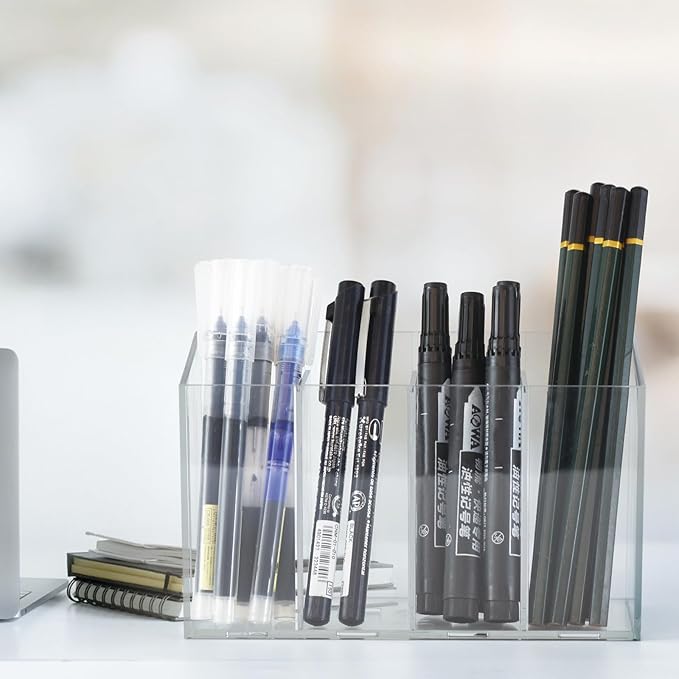 Acrylic Desk Organizer with Removable Dividers 4 Compartments, Clear Pen Holder Makeup Brush Holder