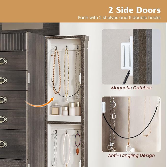 Giantex Standing Jewelry Cabinet with 7 Drawers, Flip-Top Mirror, 2 Side Doors with 12 Necklace Hooks, Divided Ring Compartments, Velvet-Lined Jewelry Armoire Organizer Chest (Weathered Gray)