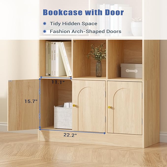 71" Tall Bookshelf with 10 Cubes and 3 Doors, 4-Tier Bookshelf, Open Shelf Bookcase with Cabinet, Modern Cube Storage Organizer for Living Room, and Office, Natural Wood Color