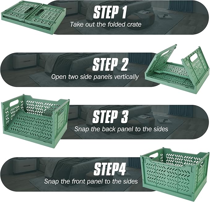 Domiella 2-Pack Crates for Storage, Storage Crates Plastic Stackable, Foldable Crate for Office Home Kitchen Bedroom Bathroom (Tall, Green)