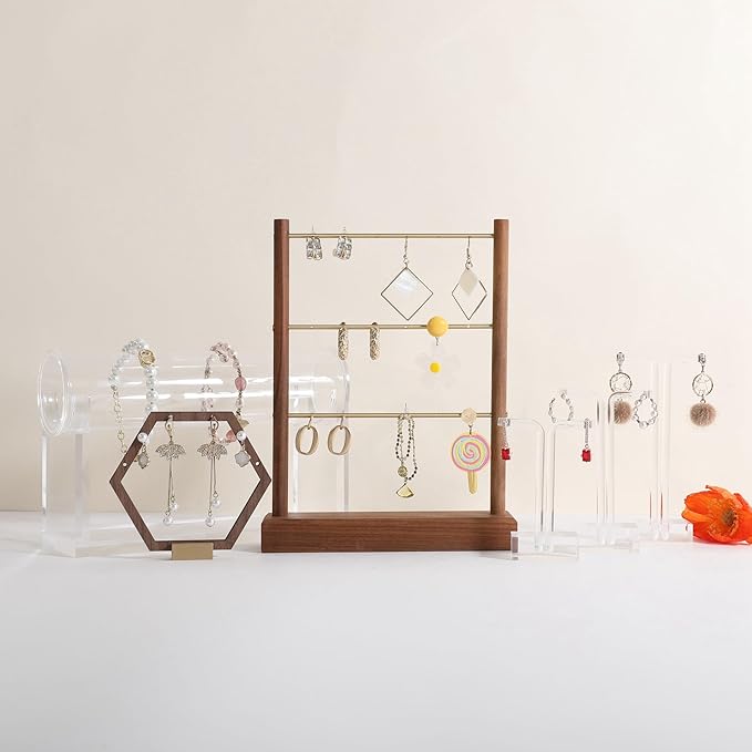 GemeShou Walnut earrings display stand for selling, wooden jewelry earring organizer shelf, wood earring storage organizer rack for boutique store【Earring shelf-Medium】