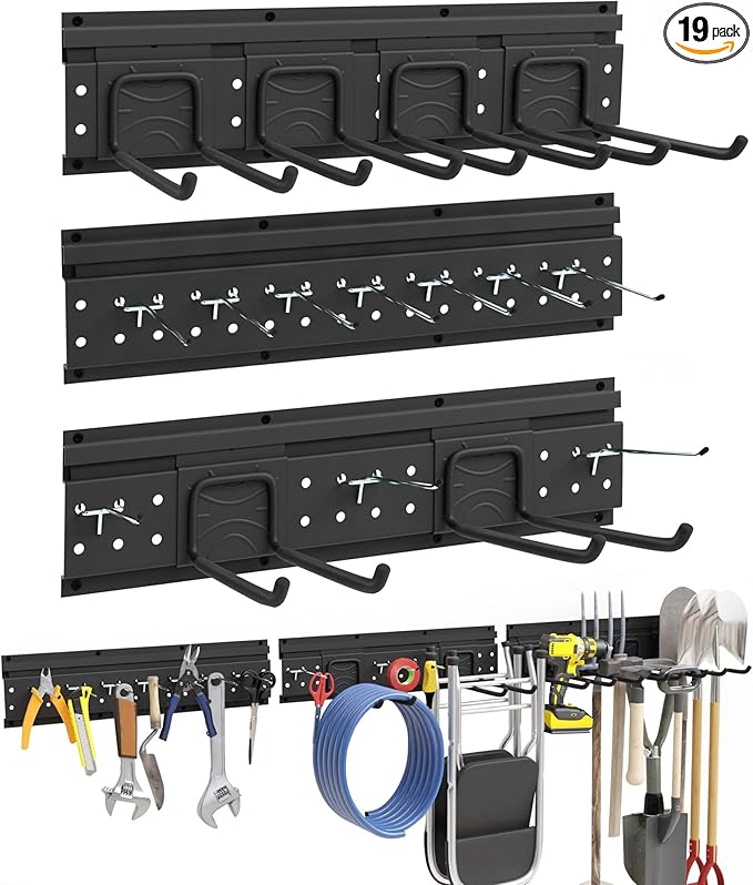 48 Inch Garage Storage Rack, Heavy Duty Wall Mount Organizer with 3 Metal Track Rails and 16 Hooks, Compatible with Pegboard and Slatwall, Black