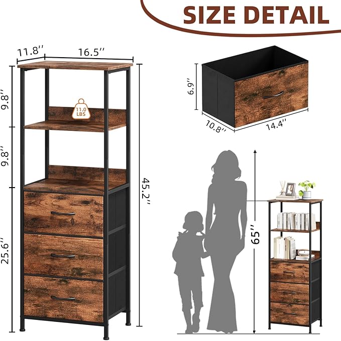 Somdot 3 Tier Bookshelf with Drawer, Tall Bookcase with Shelves, Bookshelf Desktop Organizer, Display Standing Shelf Units for Living Room, Bedroom, Study Room, Wood Grain Print