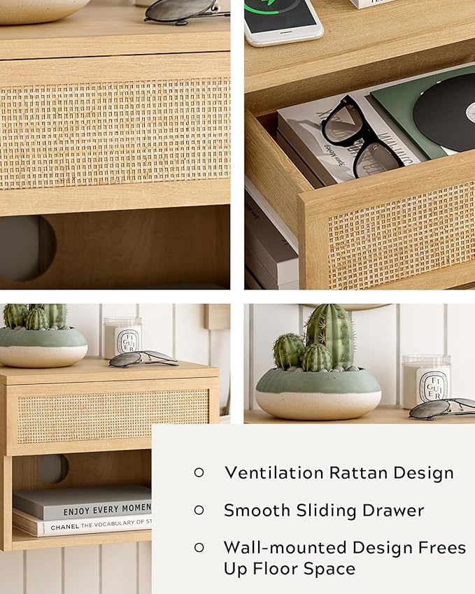 Rattan Floating TV Stands Set of 4, Wall Mounted Nightstands with Drawer and Open Compartment Modern Wood Bedside Night Stand Storage Cabinet for Living Room Bedroom, Natural Oak