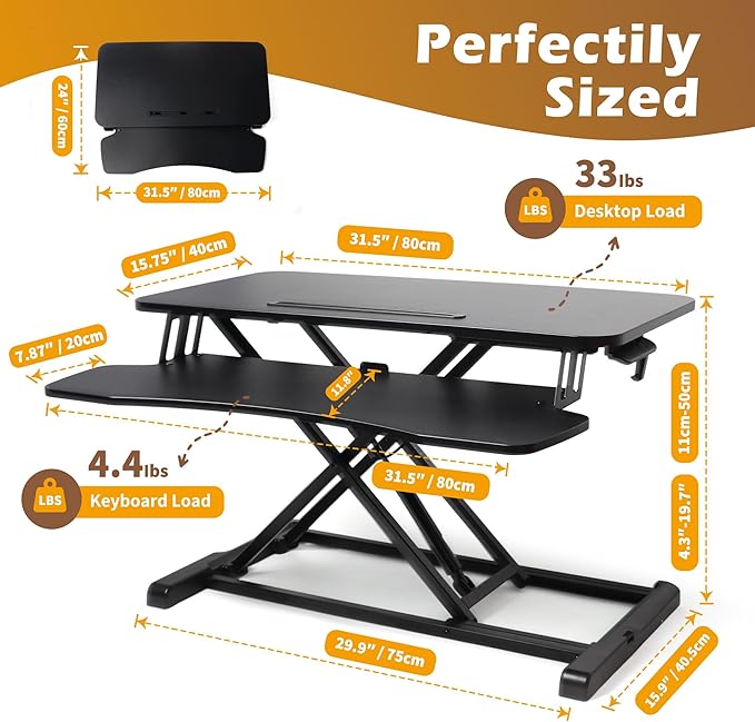 32 inch Standing Desk Converter, Height Adjustable Sit Stand Riser for Home Office,Stand Up Desk Riser, Quick Sit to Stand Tabletop with Keyboard Tray，Black