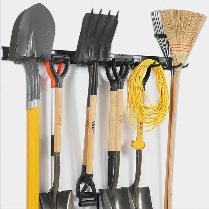 Garage Organization Wall Mount, 48inch Garden Tool Organizer with 6 Clamping Hooks, Heavy Duty, Garage Hanging Storage Rack for Yard Tools, Shovel, Shed, Hold Up to 420lbs (48Inch Black)