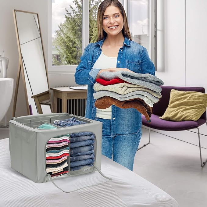 Sorbus Storage Bins with Divided Interior - Large Stackable & Foldable Organizer Containers with Metal Frame, Oxford Fabric, Large Window & Carry Handles - Organization for Bedroom, Linens & Clothes