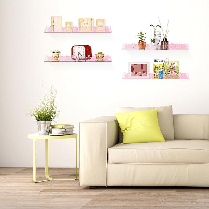 Floating Shelves for Wall,4 Pack 15.7’’x 3.5’’Adhesive Acrylic Shelves Organizer for Book Toy Photo Makeup,Wall-Mounted Kids Storage for Bathroom,Bedroom,Nursery,Pink Star and Moon
