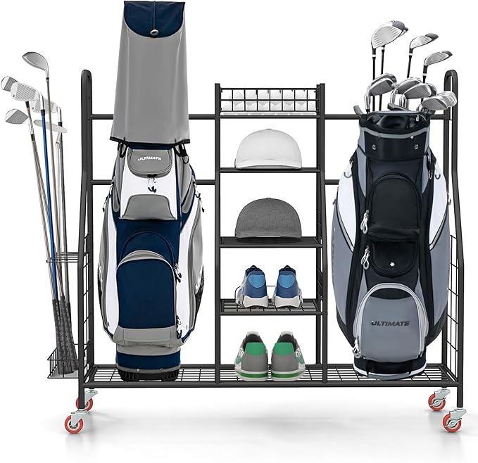GYMAX Golf Bag Organizer, Golf Storage Garage Organizer with Lockable Wheels & Golf Club Side Pockets, Extra Large Golfing Equipment Rack for Golf Accessories Garage Organizer