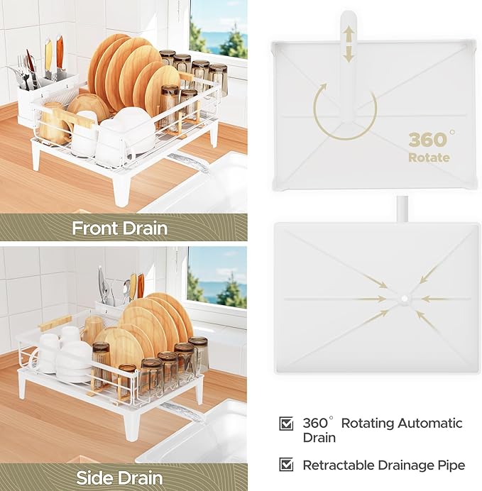 JYPS Dish Drying Rack for Kitchen Counter Decor with Drainboard Auto-Drain，Rustproof Dish Rack Drainers with Utensil Holder, Wooden Handles，360° Rotatable Drainer, Higher Legs (White)