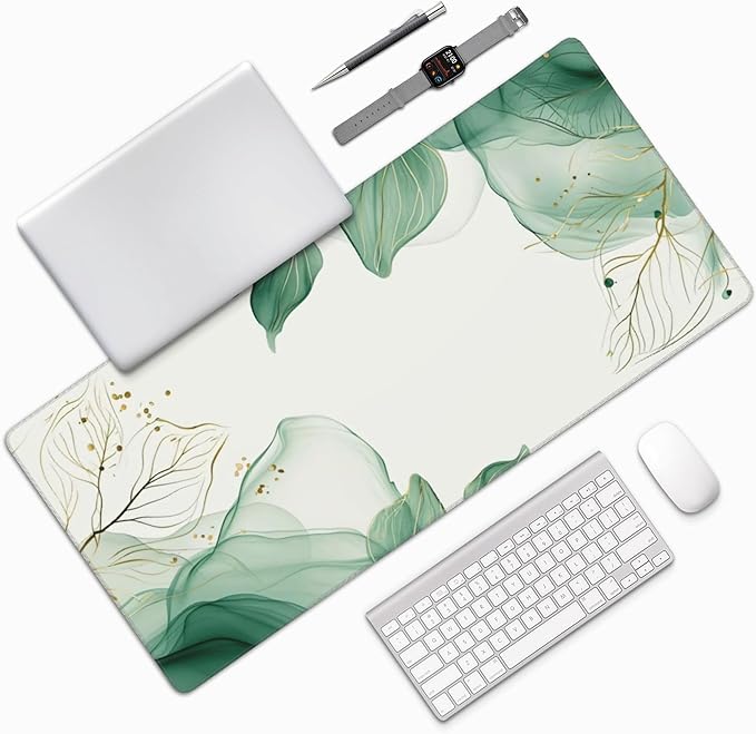 Watercolor Green Leaves Large Mouse Pad, Vintage Aesthetic Gaming Desk Mat, XXL Keyboard Desk Pad Mat for Desktop, 35.4"x15.7" Non-Slip Base Big Mousepad with Stitched Edges