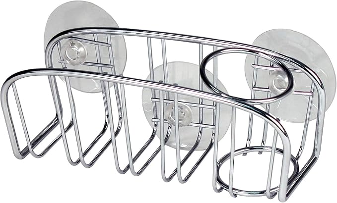 Spectrum 09370 Contempo Sponge & Brush Holder, Modern Sponge Holder & Kitchen Organizer, Vertical Scrub Brush Holder, Secure Suction Seals to Kitchen Sinks, Chrome