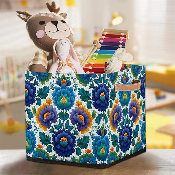 TropicalLife 13x13x13 Inch Large Fabric Storage Cube Blue Flowers Print Foldable Storage Bin with Handles Organizer Boxes Cube Basket for Shelves Organizing Closet
