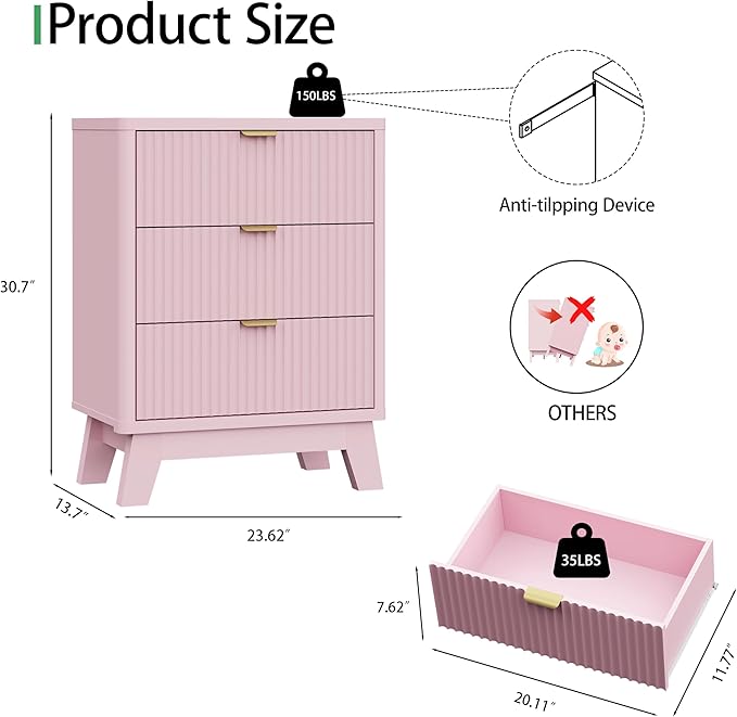 Fluted Nightstand with 3 Storage Drawers, 24" Wide Wood Bedside Table with Mental Handle, Mid Century Modern Wooden Side Table Night Stand, Curved End Table for Bedroom, Living Room, Pink