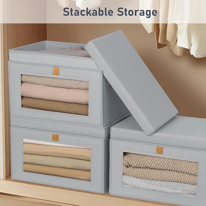DIMJ Storage Bins with Lids - 6 Pack Large Fabric Closet Organizer with Window & Handles, Collapsible Decorative Storage Boxes for Shelves Under Bed, Books Clothes Blankets Sweaters Organization