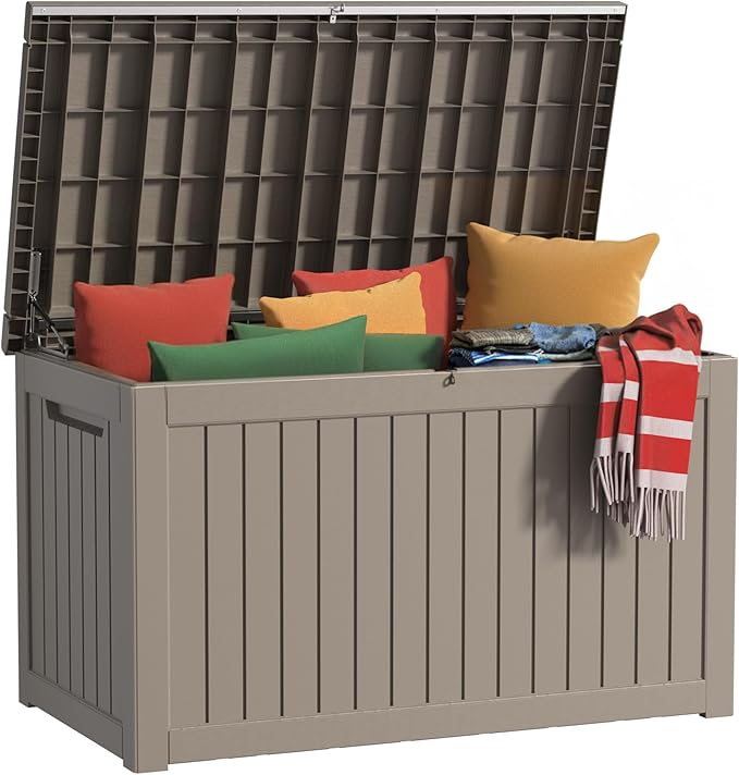 EasyUp 280 Gallon Outdoor Storage Box Waterproof, UV Resistant Resin Deck Box with Hydraulic Rod, Reinforced Stability for Patio, Garden, Striped Gray