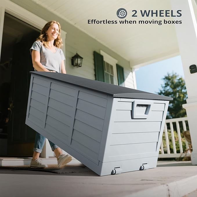Foldable 75 Gallon Outdoor Storage Box, Plastic Storage Containers with Lid, Patio Deck Box Furniture for Garden, Pool, Balcony, Yard (Black Lid)