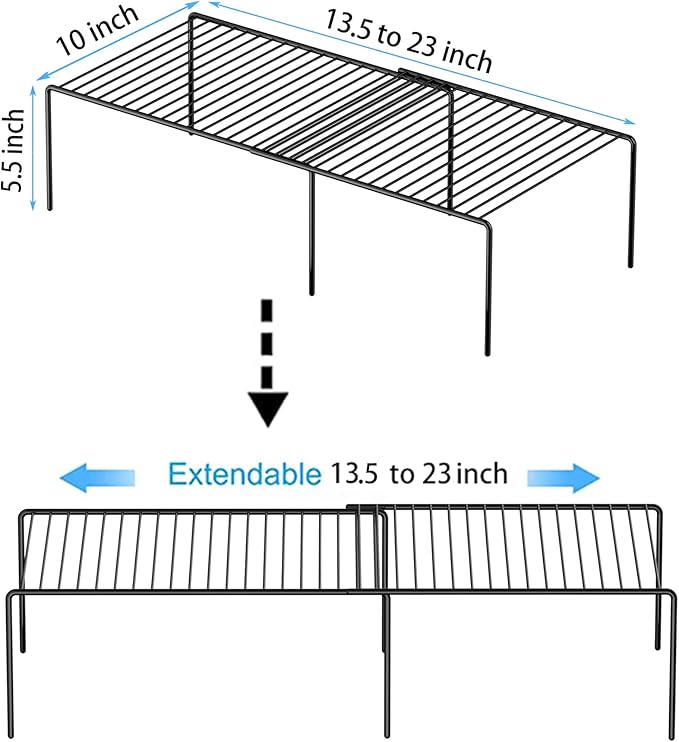 Redrubbit Expandable Metal Rustproof Kitchen Counter Shelf Rack, Space Saver for Kitchen, Fridge, Bathroom, Black, Set of 6