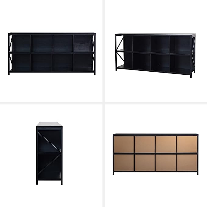 otlectics 2-Tier Bookcase with 8 Cubes, 63 Inch Industrial Horizontal Bookshelf, Home Office Storage Cabinet Organizer with Metal Legs, Black