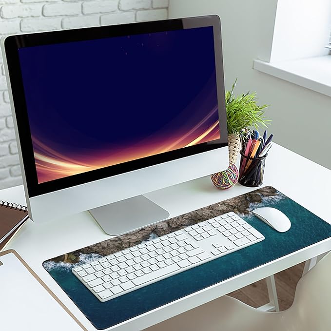Desk Mat,Sea Waves and Fantastic Coast Gaming Mouse Pad,XXL Extended Mouse Pad Mat for Office,Computer,Keyboard with Non-Slip Base Stitched Eges Mousepad 35.4x15.75 inch