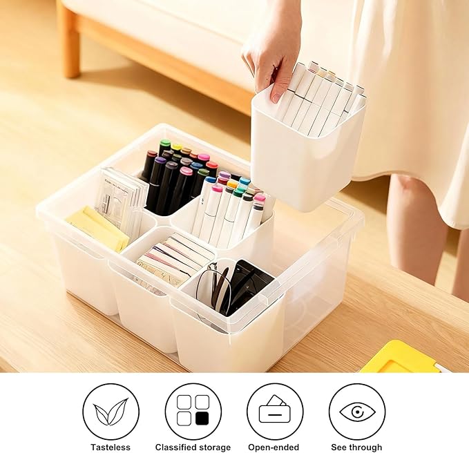loobuu Plastic Storage Bins with Lids, Art Craft Supply Organizer Box with Brush Pot, Multipurpose Stackable Storage Containers for Organizing Tool, Craft, Crayon,Sewing(Yellow)