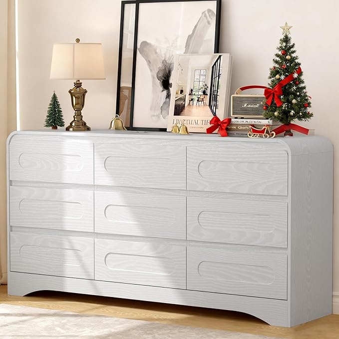 Dresser for Bedroom with 9 Drawers, 63" Large Modern Dressers & Chest of Drawers with Curved Profile Design, Wood Closet Clothes Storage Long Dressers Organizer for Bedroom Living Room Hallway, White