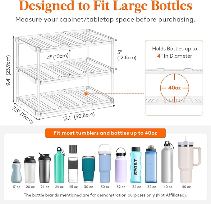 Lifewit Stackable Water Bottle Storage Organizer, Clear Freestanding Wine Bottle Holder for Cabinet, Tumbler Cup Organizer, Plastic Large Compartment Wine Rack for Fridge Cellar, 3Tier Hold 9