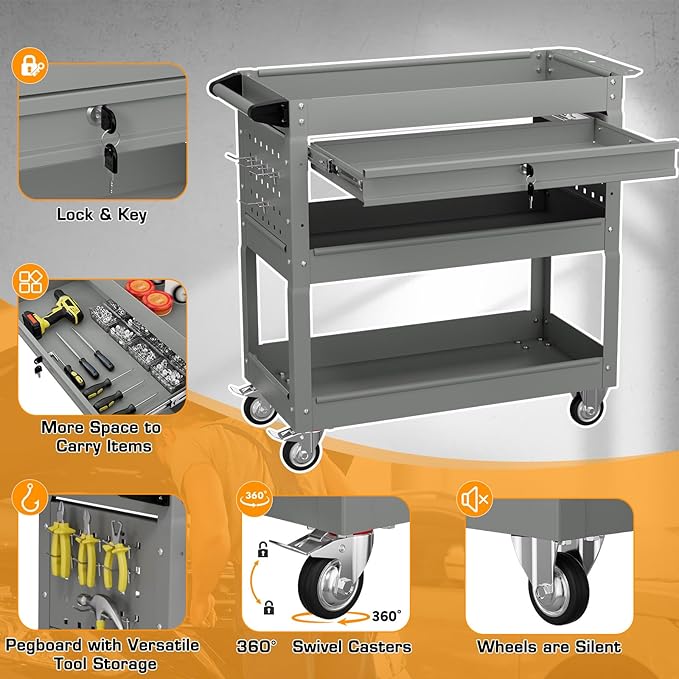 3 Tier Tool Cart on Wheels with Drawers - Three Tier Rolling Cart with Lockable Storage - Mechanic Tool Chest - Tool Chest with Wheels Used in Garage, Indoors, Workshop (Gray)