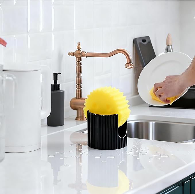 Kitchen Sponge Holder,3 inch heigh Ceramic Sponge Holder for Kitchen Sink Countertop,Space-Saving Multi-Functional Dish Sponge Rack and Bathroom Organizer Accessories,White and Black Suits