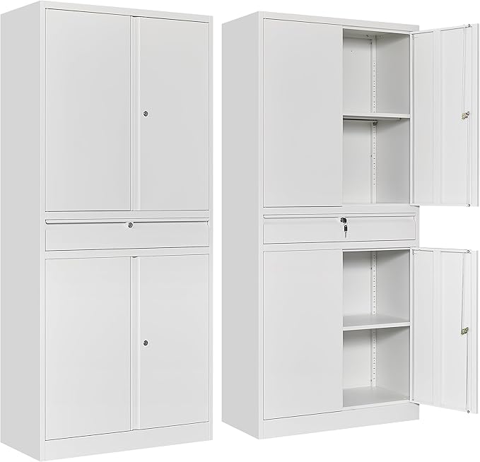 SISESOL White Metal Storage Cabinet with Drawer and Locks,Garage Storage Cabinet with Locking Doors and Adjustable Shelves,71" Tall Large Metal Cabinets with Magnetic Door for Home,Office,Garage