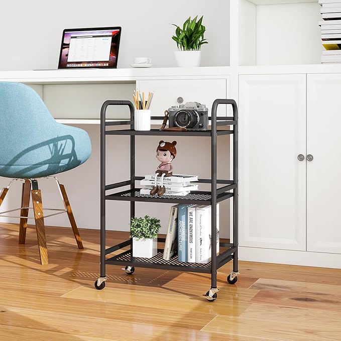 HDANI 3 Tier Rolling Cart,Heavy Duty Multifunctional Metal Frame-Supports 22 Lbs Per Tier,Mesh Rolling Cart with 2 Lockable Wheels for Office,Home,Bedroom,Kitchen,Bathroom,Black