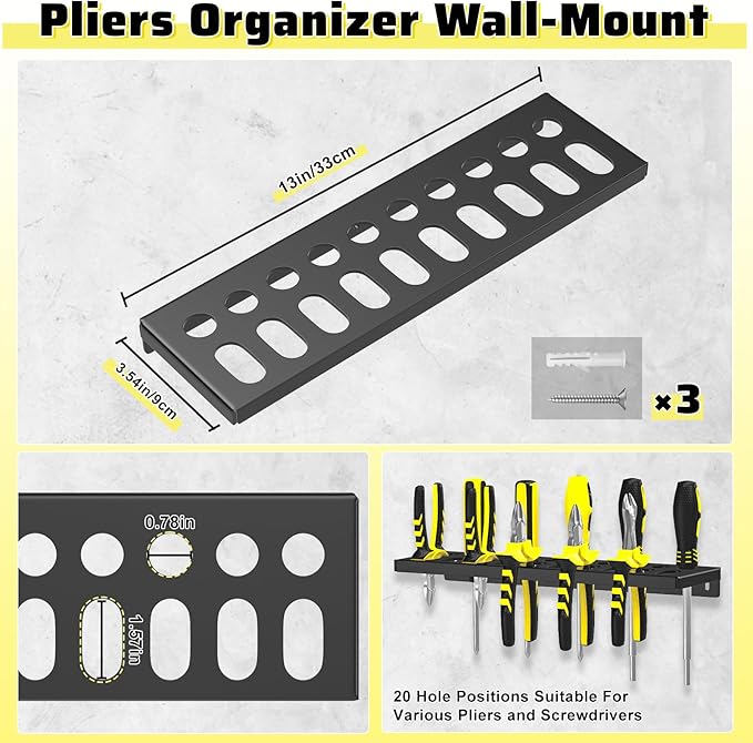 Wall Mount Screwdriver Organizer, Pliers Holder, Hammer Rack, Metal Storage Board, Power Tool Organizer for Workshop Shed Garage Workbench Home, 4 Pcs