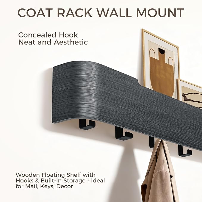 Wall Coat Rack Floating Shelves Modern Coat Rack Wall Mount with Storage Entryway Shelf Wooden Hanger 20 Inch 4 Hidden Metal Hooks for Living Room Bedroom (Black, 8 Hooks)
