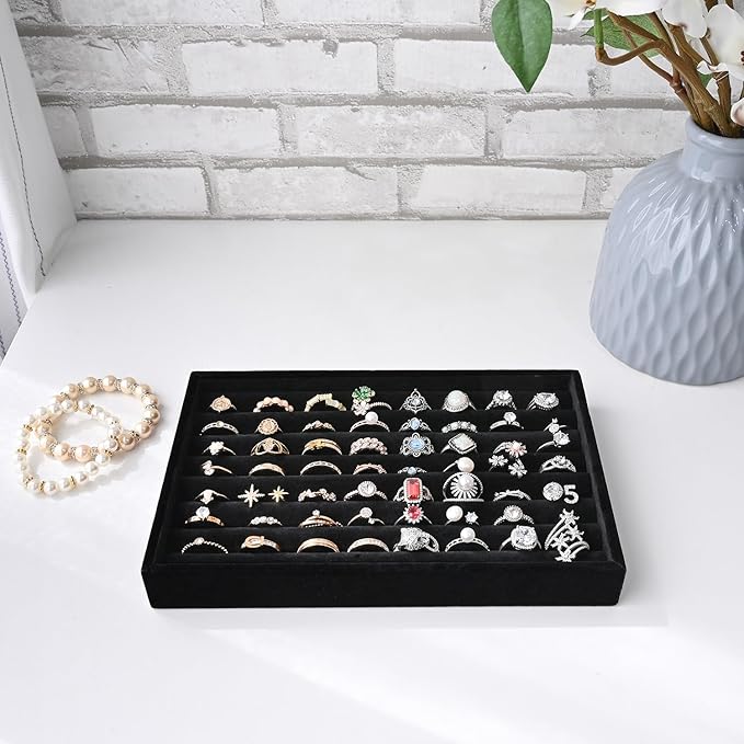 MOOCA 2 Pcs Set Ring Tray Display, Ring Showcase Display Jewelry Organizer Stand, Jewelry Holder for Showcase for Home Trade Show, Black Velvet