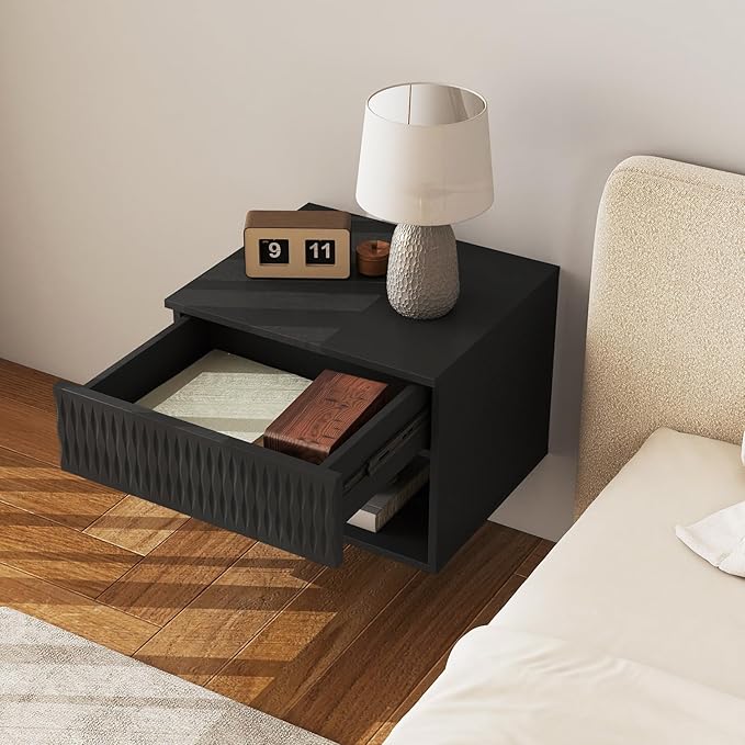 Floating Nightstand Set of 2,Modern Bedside Tables for Bedroom,Small Night Stands with Drawer and Open Shelf, Wall Mounted End SideTables Set for Living Room