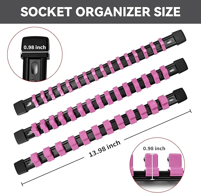 Socket Organizer Drive ABS Tools - Pink Socket Holder, Premium Quality 9 Pieces Socket Holders Kit 1/4-Inch x 48 Clips, 3/8-Inch x 45 Clips, 1/2-Inch x 36 Clips
