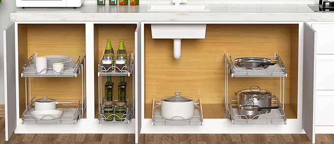 OCG 2 Tier Pull Out Cabinet Organizer (18.5" W x 21" D), Pull Out Drawers for Kitchen Cabinets, Pull Out Shelves for Base Cabinet Organization in Kitchen Bathroom Pantry, Chrome Finish